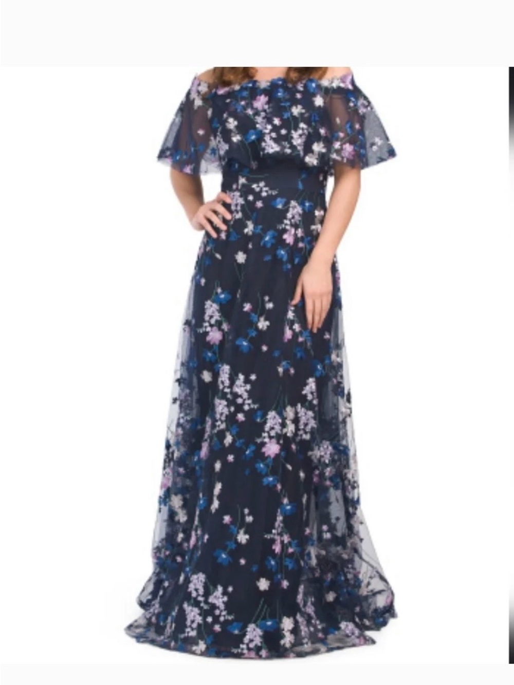 Teri Jon by Rickie Freeman Navy Wildflower Embroidered Maxi Gown